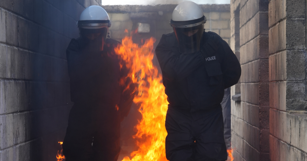 Police Support Unit Commanders taking part in public order training, wearing Yaffy’s PSU 2 layer 2 piece, riot trouser and jacket. Photo credit: Yaffy.