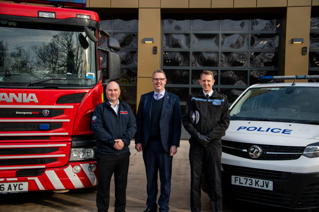 CFO Jon Pryce, PCC John Campion and T/CC Richard Cooper at Redditch Police and Fire Station