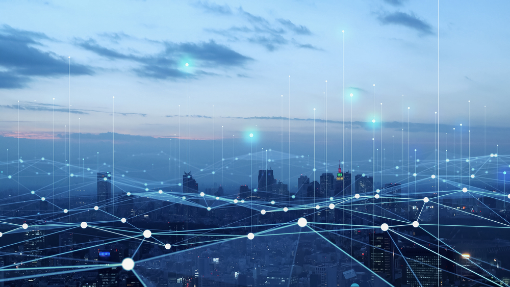Simulated image of smart city with blue skyline.