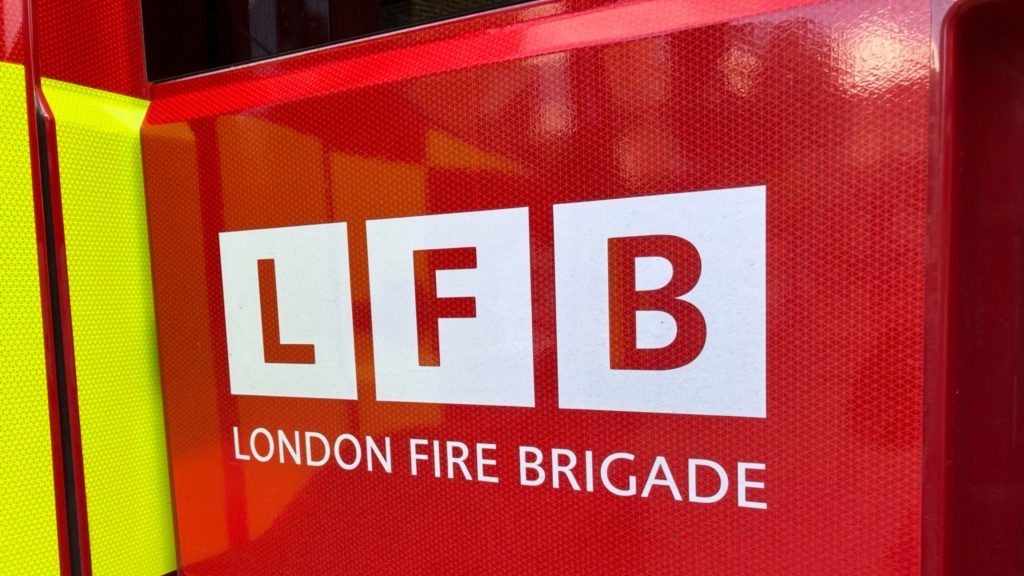 London Fire Brigade logo close up on side of fire appliance.
